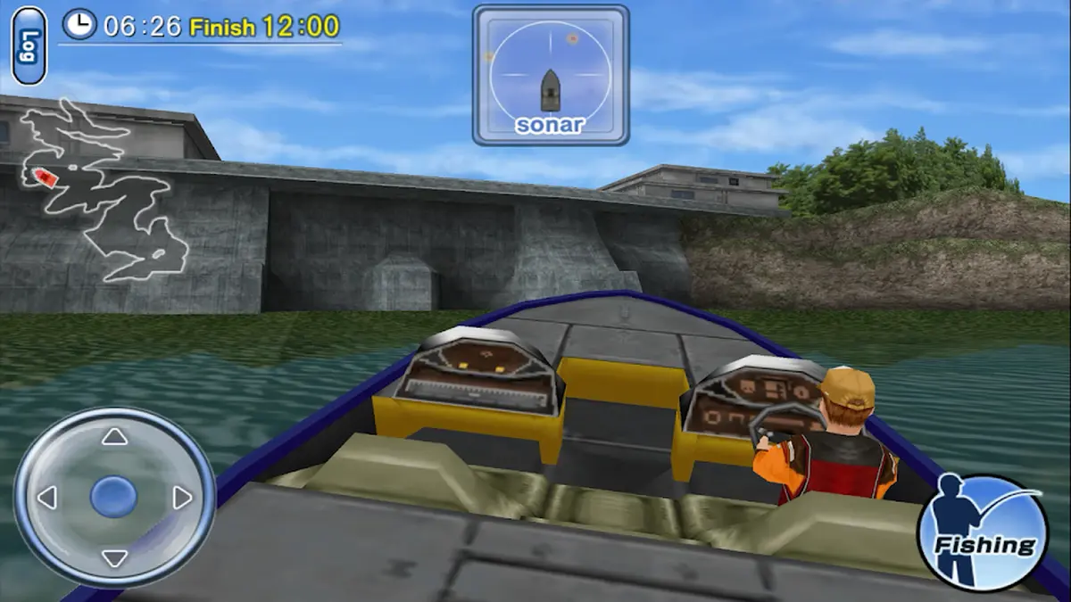 Vista do sonar e do barco em Bass Fishing 3D