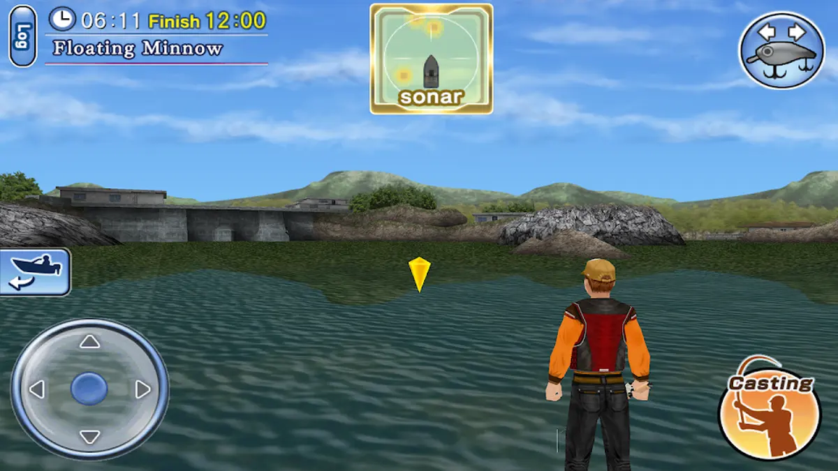 Cabine do barco com dois pescadores em Bass Fishing 3D