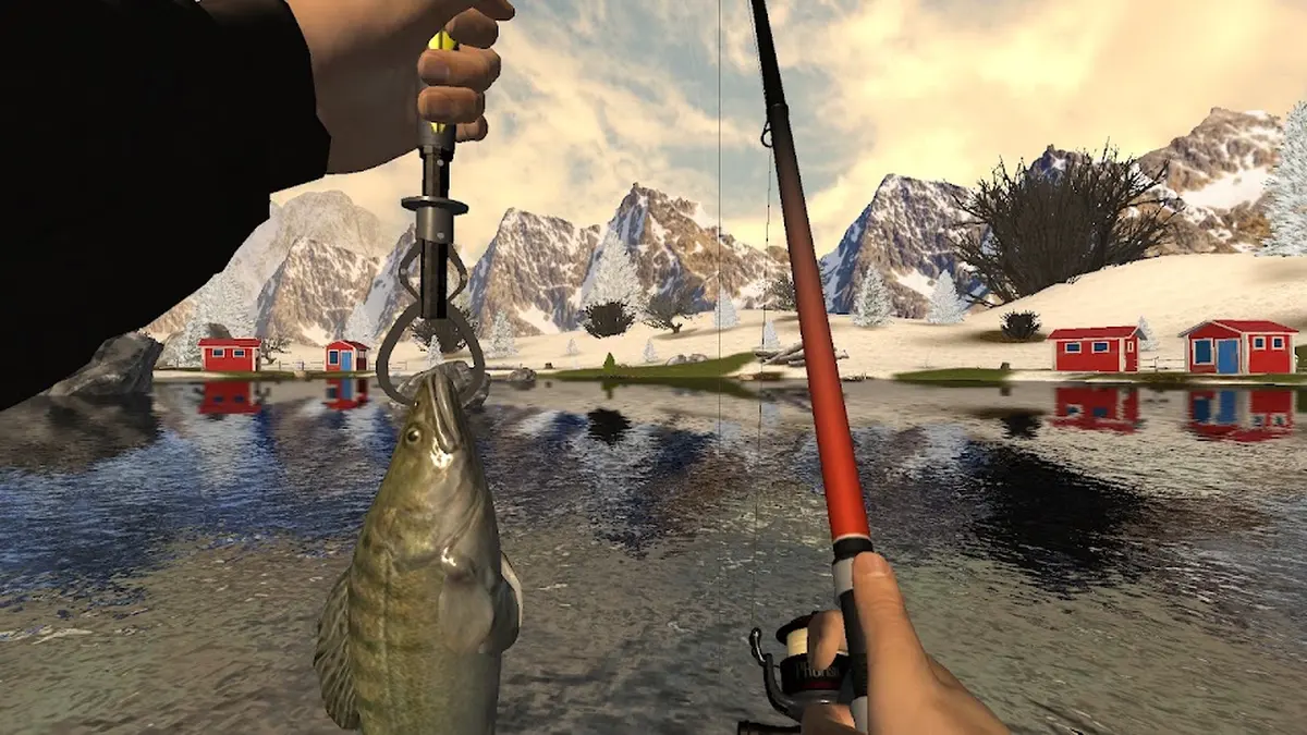 Salmão pescado junto a montanhas nevadas em Professional Fishing
